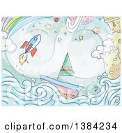 Poster, Art Print Of Sketched Background Of A Rocket Sailboat Castle And Rainbow