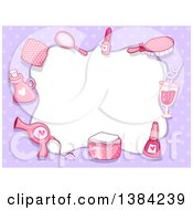 Poster, Art Print Of Border Frame Of Pink Spa Accessories On Purple Polka Dots