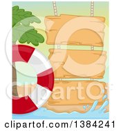 Poster, Art Print Of Wooden Signs On A Summer Beach With A Palm Tree And Life Buoy