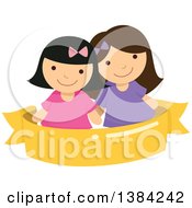 Poster, Art Print Of Happy Girls Smiling Over A Blank Ribbon Banner