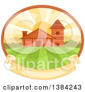 Farm And Fields At Sunrise In An Oval With A Blank Ribbon Banner