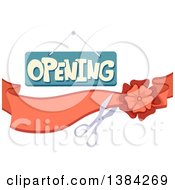 Clipart Of A Ribbon Cutting Ceremony Design With An Opening Sign Royalty Free Vector Illustration