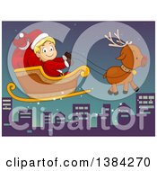Clipart Of A Happy White Santa Claus Boy Flying In A Magic Sleigh Over A City Royalty Free Vector Illustration by BNP Design Studio