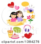 Poster, Art Print Of Girl Best Friends With Picture Food And Flower Design Elements