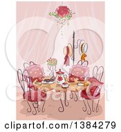 Poster, Art Print Of Fancy Party Table Setting With Pink Curtains