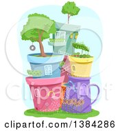Poster, Art Print Of Colorful Plant Pots Stacked And Forming A Town With Mini Gardens