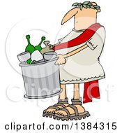 Cartoon Roman Man Carrying A Garbage Can Full Of Bottles And Wine Glasses