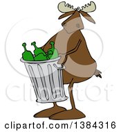 Cartoon Moose Carrying A Garbage Can Full Of Bottles