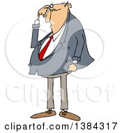 Cartoon Chubby Bald White Business Man Scratching His Head And Looking Puzzled