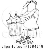 Cartoon Black And White Lineart Roman Man Carrying A Garbage Can Full Of Bottles And Wine Glasses