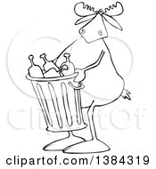 Clipart Of A Cartoon Black And White Lineart Moose Carrying A Garbage Can Full Of Bottles Royalty Free Vector Illustration