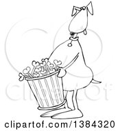 Poster, Art Print Of Cartoon Black And White Lineart Dog Carrying A Garbage Can Of Bones