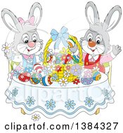 Poster, Art Print Of Cartoon Easter Bunny Rabbits Cheering At A Table With Eggs And A Basket
