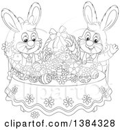 Poster, Art Print Of Black And White Lineart Easter Bunny Rabbits Cheering At A Table With Eggs And A Basket