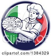 Retro Male Chef Holding A Pizza Pie In An Italian Flag Circle
