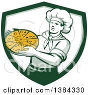 Poster, Art Print Of Retro Male Chef Holding A Pizza Pie In A White And Green Shield