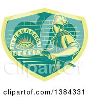 Retro Woodcut Pizza Chef Holding A Peel With A Pie In Front Of A Brick Oven