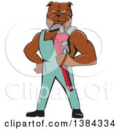 Muscular Bulldog Man Plumber Mascot Holding A Monkey Wrench