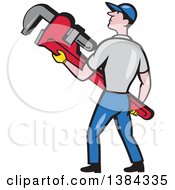 Poster, Art Print Of Retro Cartoon White Male Plumber Holding A Giant Monkey Wrench