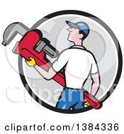 Poster, Art Print Of Retro Cartoon White Male Plumber Holding A Giant Monkey Wrench In A Black White And Gray Circle