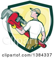 Poster, Art Print Of Retro Cartoon White Male Plumber Holding A Giant Monkey Wrench In A Green White And Yellow Shield