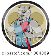Muscular Bulldog Man Plumber Mascot Holding A Monkey Wrench And Emerging From A Black White And Green Circle