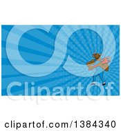 Clipart Of A Cartoon Bull Man Plumber Mascot Holding A Monkey Wrench And Blue Rays Background Or Business Card Design Royalty Free Illustration