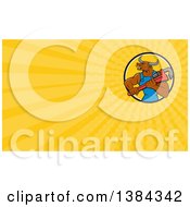 Clipart Of A Cartoon Bull Man Plumber Mascot Holding A Monkey Wrench And Yellow Rays Background Or Business Card Design Royalty Free Illustration