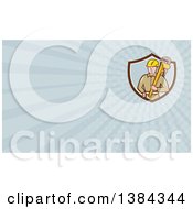 Clipart Of A Retro Cartoon White Male Plumber Holding A Giant Monkey Wrench And Blue Rays Background Or Business Card Design Royalty Free Illustration