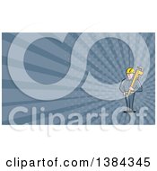 Poster, Art Print Of Retro Cartoon White Male Plumber Holding A Giant Monkey Wrench And Blue Rays Background Or Business Card Design