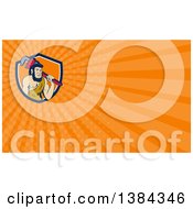 Poster, Art Print Of Cartoon Neanderthal Caveman Plumber Holding A Monkey Wrench Over His Shoulder And Orange Rays Background Or Business Card Design