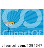 Poster, Art Print Of Retro Cartoon White Male Plumber Holding Up A Giant Monkey Wrench And Blue Rays Background Or Business Card Design