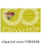 Clipart Of A Retro Cartoon White Male Plumber Holding Up A Giant Monkey Wrench And Green Rays Background Or Business Card Design Royalty Free Illustration