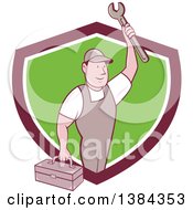 Poster, Art Print Of Retro Cartoon White Male Mechanic Holding A Tool Box And Wrench In A Shield