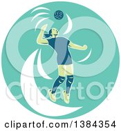 Poster, Art Print Of Retro Female Volleyball Player Jumping And Spiking The Ball In A Turquoise Oval