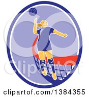 Poster, Art Print Of Retro Female Volleyball Player Jumping And Spiking The Ball In A Blue Purple And White Oval
