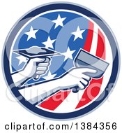 Clipart Of Hands Of A Retro Plasterer Repairing Drywall With Putty Knife And Hawk In An American Themed Circle Royalty Free Vector Illustration by patrimonio
