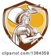 Clipart Of A Retro Centurion Roman Soldier Carrying A Flag In A Brown White And Yellow Shield Royalty Free Vector Illustration by patrimonio