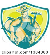 Clipart Of A Retro Woodcut Male Farmer Holding A Rake And Sack In A Turquoise White And Green Shield Royalty Free Vector Illustration