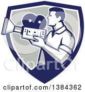 Poster, Art Print Of Profiled Retro Camera Man Filming In A Blue White And Gray Shield