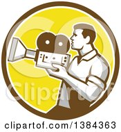 Poster, Art Print Of Profiled Retro Camera Man Filming In A Brown White And Yellow Circle