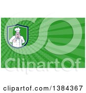 Poster, Art Print Of Cartoon Happy Chubby White Male Chef Giving A Thumb Up And Green Rays Background Or Business Card Design