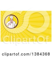 Poster, Art Print Of Cartoon Happy Chubby White Male Chef Giving A Thumb Up And Yellow Rays Background Or Business Card Design