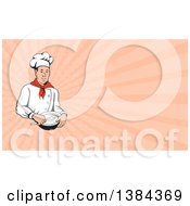 Poster, Art Print Of Retro Male Chef Holding A Bowl And Spoon And Pastel Pink Rays Background Or Business Card Design