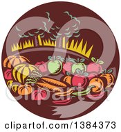 Retro Woodcut Still Life Of Harvest Vegetables And Fruit With Trees In A Brown Circle