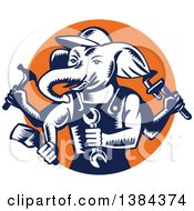 Poster, Art Print Of Retro Woodcut Ganesha Handy Man Elephant Holding Tools In An Orange Circle