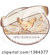 Poster, Art Print Of Sketched Retro Chicken Running On A Label With Open Range Text And A Blank Ribbon Banner