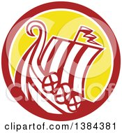 Clipart Of A Retro Medieval Viking Ship Longboat In A Brown White And Yellow Circle Royalty Free Vector Illustration