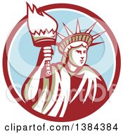 Poster, Art Print Of Retro Statue Of Liberty Holding A Torch In A Maroon White And Blue Circle