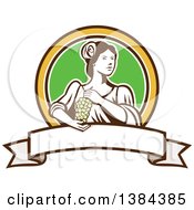 Clipart Of A Retro Lady Holding A Bunch Of Green Grapes In A Brown Yellow White And Green Circle Over A Blank Ribbon Banner Royalty Free Vector Illustration by patrimonio